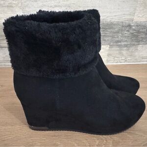 DKNY Black Faux Fur Wedge Boots
